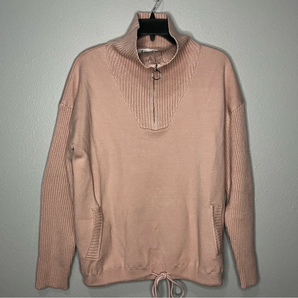 Anrabess 1/4 Zip High Neck Sweater Women Large Pink Ribbed Tie Waist Pockets
